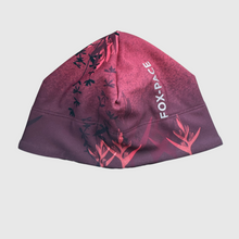 Ielādēt video galerijas pārlūkā, Women's A-line running skirt with an ombre (burgundy and pink) base and a Strelitzia floral pattern. The skirt has built-in black mid-length shorts with side pockets and a zipper pocket on the back.