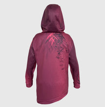 Ielādēt video galerijas pārlūkā, Women's A-line running skirt with an ombre (burgundy and pink) base and a Strelitzia floral pattern. The skirt has built-in black mid-length shorts with side pockets and a zipper pocket on the back.