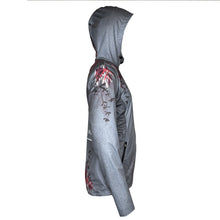 Ielādēt video galerijas pārlūkā, Women's A-line running skirt with an ombre (burgundy and pink) base and a Strelitzia floral pattern. The skirt has built-in black mid-length shorts with side pockets and a zipper pocket on the back.