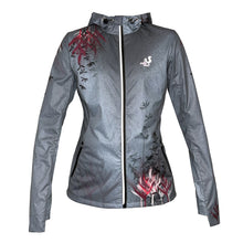 Ielādēt video galerijas pārlūkā, Women's A-line running skirt with an ombre (burgundy and pink) base and a Strelitzia floral pattern. The skirt has built-in black mid-length shorts with side pockets and a zipper pocket on the back.