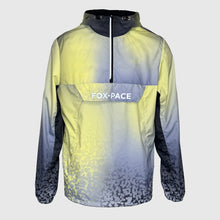 Ielādēt video galerijas pārlūkā, Unisex windbreaker running jacket in grey, yellow, and black with ombre pixel print, hooded and windproof.