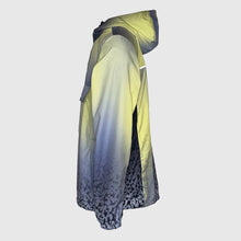 Ielādēt video galerijas pārlūkā, Side view of unisex windbreaker running jacket in grey, yellow, and black ombre pixel print, featuring a hood.