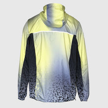 Ielādēt video galerijas pārlūkā, Back view of unisex windbreaker running jacket in grey, yellow, and black with ombre pixel print and adjustable hood.