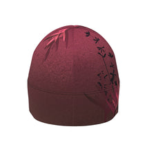 Ielādēt video galerijas pārlūkā, Women's A-line running skirt with an ombre (burgundy and pink) base and a Strelitzia floral pattern. The skirt has built-in black mid-length shorts with side pockets and a zipper pocket on the back.