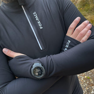 Men's half zip warm winter long sleeve running top with watch windows and reflectors - BLACK FOX - Fox-Pace