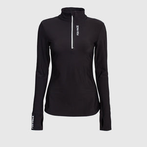Black isolated long sleeve sport top front with half-zip and logo reflectors