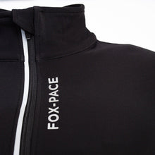Load image into Gallery viewer, black high neck sport top coluse up with half zip and reflector details
