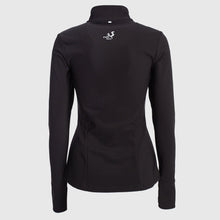 Load image into Gallery viewer, Black isolated long sleeve sport top back with half-zip and logo reflectors
